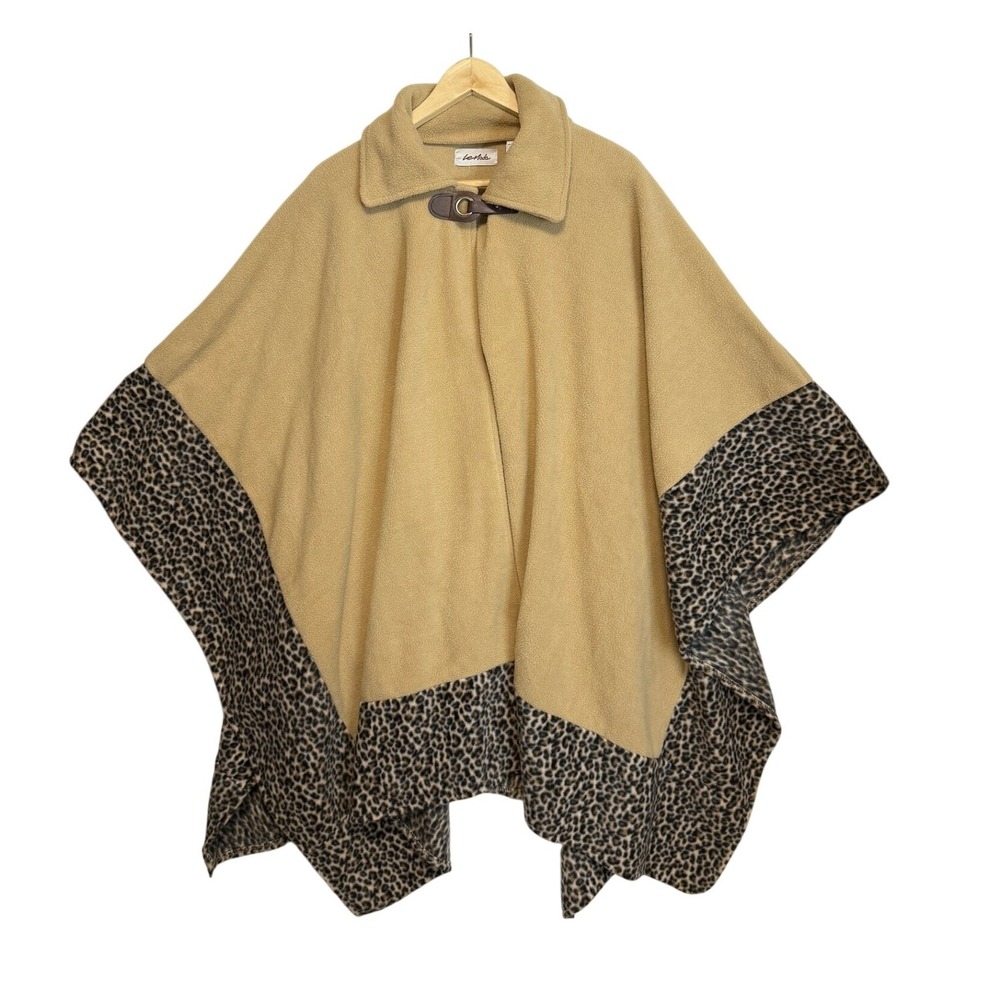Le‎ Moda Camel Color Fleece Cape Poncho Leopard Print Trim Mob Wife Retro Chic - Picture 3 of 13